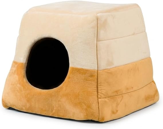 Cat Bed House, Beige and Orange Two-Tone, Ultra-Soft Velvet Fabric, Pyramid Shape with Entrance, 15x13.5x13.5 Inches