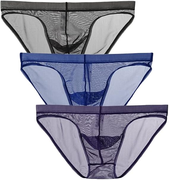 4 Pack Mens Super Thin Mesh Hollow Lingerie Triangle Bikini and Briefs Underwear