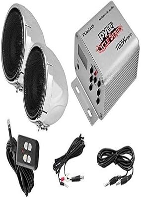 Pyle Motorcycle Two 3 Inch Speakers, 100 Watt, All-Terrain, Weatherproof Speaker and Amplifier Sound System, Handlebar Mount, FM Radio for ATV, Snowmobile, Scooter, Boat, Waverunner, Jetski PLMCA10