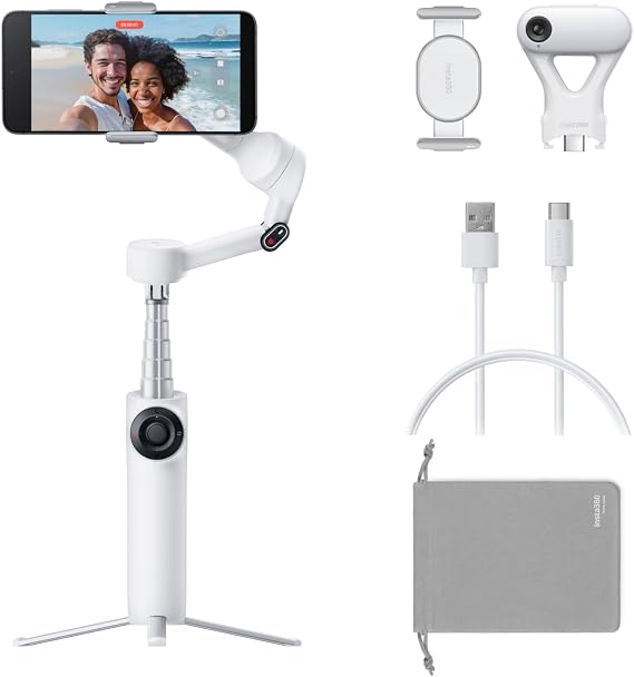 Insta360 Flow 2 Plus Beyaz Yapay Zeka İzleyici Paketi - iPhone Android için Akıllı Telefon Sabitleyici, Yapay Zeka ve Grup İzleme, Dahili Tripod ve Selfie Çubuklu Gimbal, Vlog Seyahat için Hafif ve