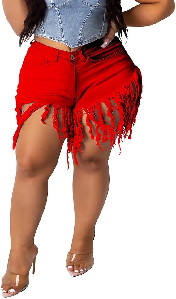 PINSV Women's Plus Size Fringe Denim Shorts Tassels Jean Short Pants