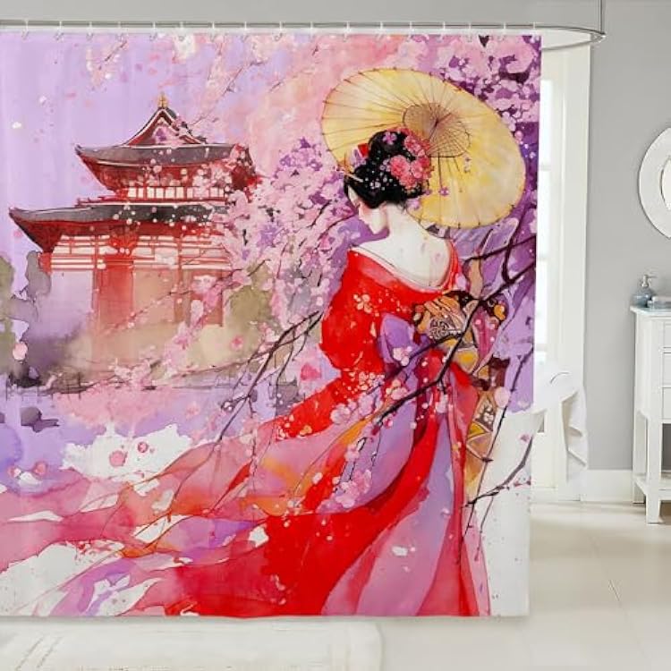 Feelyou Japanese Geisha Shower Curtain 72x72 Cherry Blossoms Bath Curtain Kids Boys Girls Japanese Tradition Aesthetic Bathroom Shower Curtain Set Japanese Style Bathroom Accessories