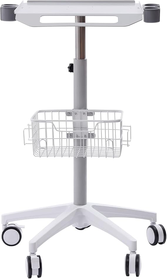 Medical Mobile Cart, 33.46-43.71in Height Adjustable Metal Trolley Cart with Medical Tray Wheels Rolling Equipment Large Tabletop & Storage Basket