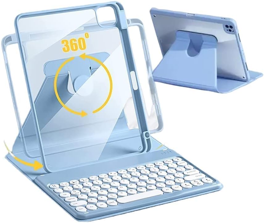 AnMengXinLing Keyboard Case for iPad 11 inch 2025A16iPad 10 2022,Rotating Clear Back Cover with Pencil Holder and Detachable Round Keys Keyboard Blue