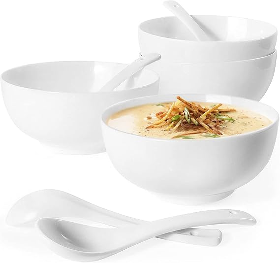 Artena Soup Bowls & Soup Spoons, 26 OZ Cereal Bowls & Cereal Spoons, White Ceramic Pho Bowl And Spoon Set for Ramen, Breakfast, Kitchen, Set Of 4, 6 inch Dishwasher & Microwave Safe