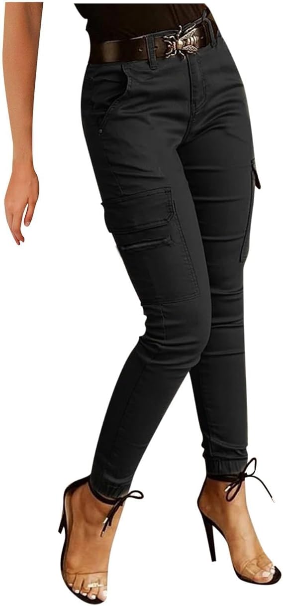 Women's Mid Waist Skinny Joggers Flap Pocket Motorcycle Western Cargo Pants Slim Fit Butt Lifting Tummy Stretch Jeans