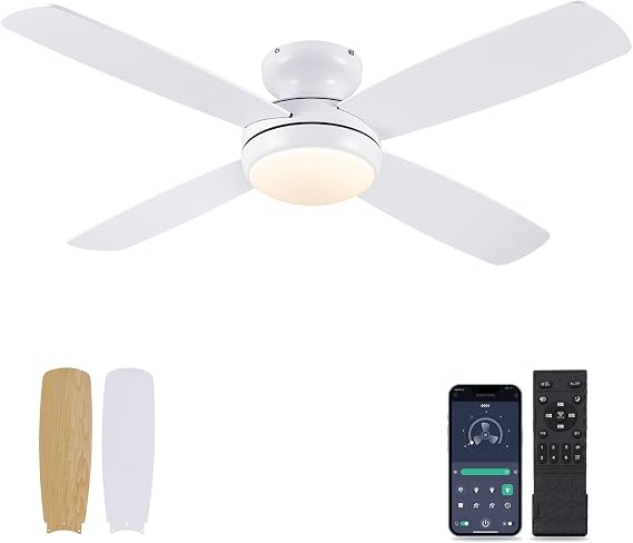 Asyko Ceiling Fans with Lights - 52in Flush Mount Low Profile Ceiling Fan with Led Light and Remote/App, Modern Fan Light Fixture with Reversible DC Motor, Indoor and Outdoor Ceiling Fans-White