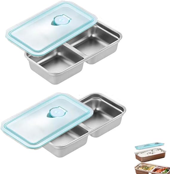 2 pcs Stainless Steel Lunch Box,Reusable Bento Box,Lunch Box with Cover for Adults and Kids Travel School Work (B)