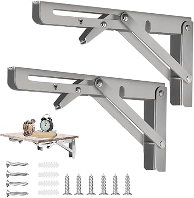 Folding Shelf Brackets, 2 pcs Stainless Steel Triangle Shelf Brackets Wall Mounted, Heavy Duty Collapsible Shelf Bracket for Bench Table, Space Saving Max Load: 300 lb