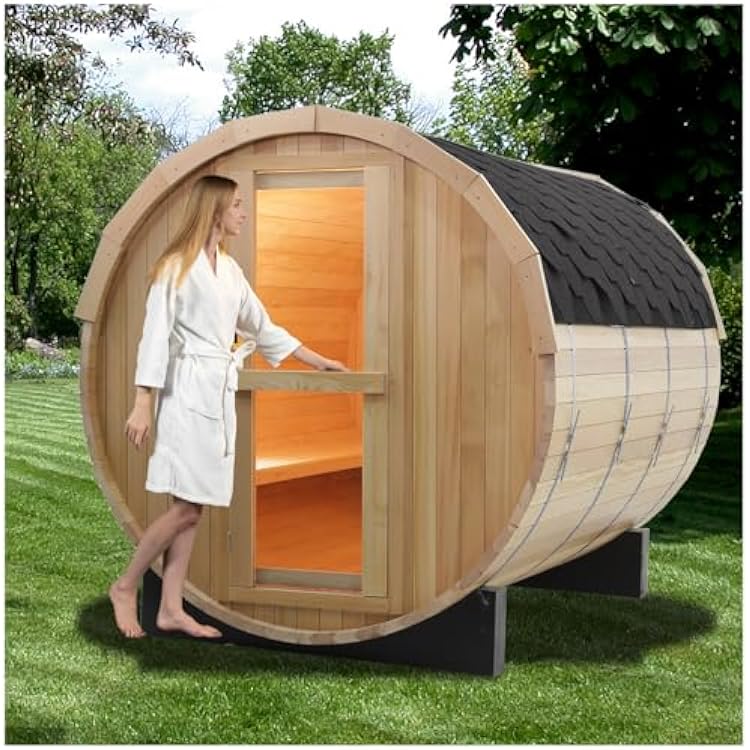 Smartmak Outdoor Wood Barrel Sauna Room, 4 Person Canadian Hemlock Garden Traditional Wooden Saunas with Asphalt Roof, Home Steam Spa with 4.5 kw Heater, Rocks, Water Bucket, Spoon, Light, 195F