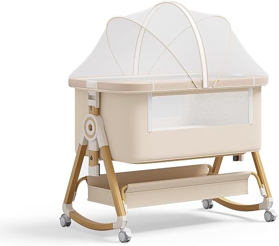 Baby Bassinet, 4 In 1 Portable Bassinet Bedside Sleeper with Wheels Comfy Mattress and Storage Basket, Moises Para Bebe 6 Adjustable Height Rocking Bedside Bassinet for Baby Newborn Boys Girls