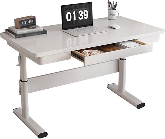 Adjustable Height Standing Desk， Sit Stand Up Computer Desk Laptop Desk With Built-in Storage Drawer, Portable Raising Laptop Computer Table For Home, Office, Classroom, White Carbon Steel Frame
