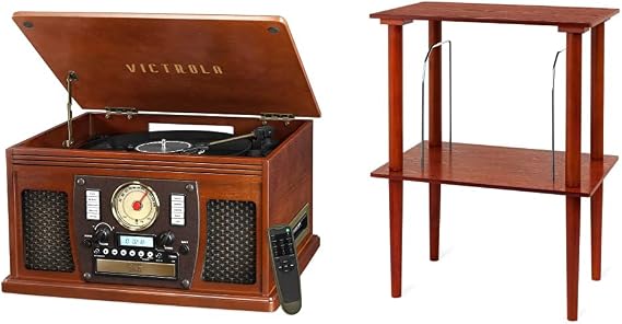 Victrola Navigator 8-in-1 Classic Bluetooth Record Player with USB Encoding and 3-Speed Turntable Bundle with Victrola Wooden Stand for Wooden Music Centers with Record Holder Shelf, Mahogany