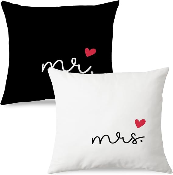 JINYO Mr and Mrs Pillow Covers 18x18 Set of 2, Home Bedroom Decor, Black and White Decorative Pillowcase Gifts for Wedding Anniversary Engagement, Couples Wife Husband Bride Groom Gift