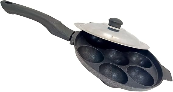 Nonstick Appam Pan 7 Cavity with Stainless Steel Lid Paniyaram Pan for Gas Stove Appa Patra Pan Kuzhi Paniyaram Maker with One Handle Indian Cookware for Appam, Paddu, Ponganalu, Aebleskiver