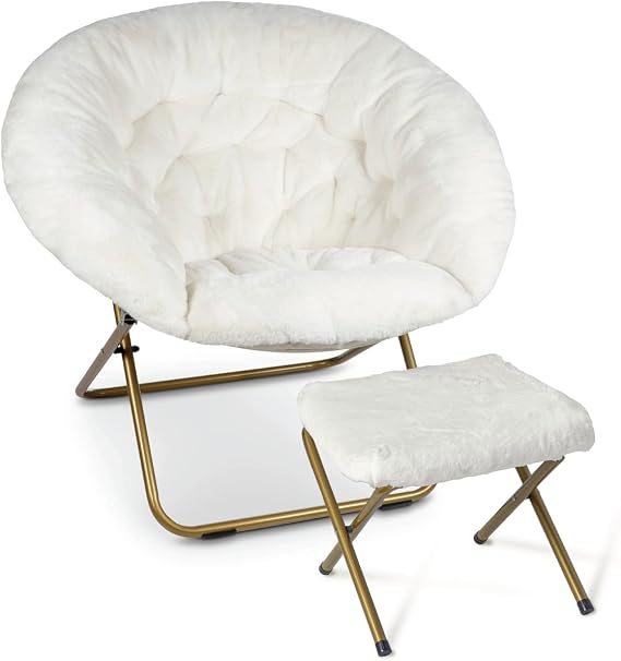 Milliard Cozy Chair/Faux Fur Saucer Chair for Bedroom/X-Large (White + Footrest)
