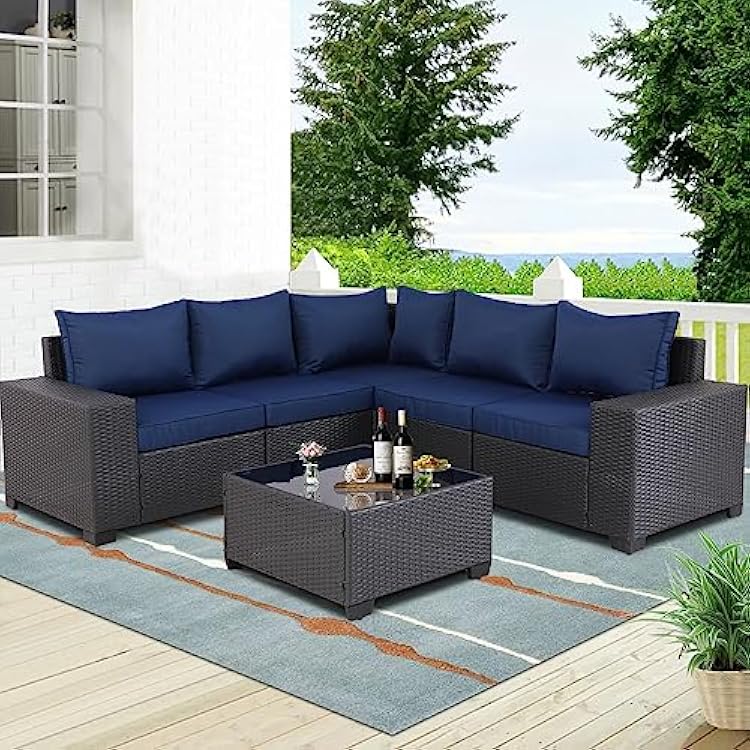 Patio Furniture Sets Outdoor Furniture Outdoor Rattan Wicker Conversation Sofa Garden Sectional Sets with Washable Cushions Exp-Navy, wTable