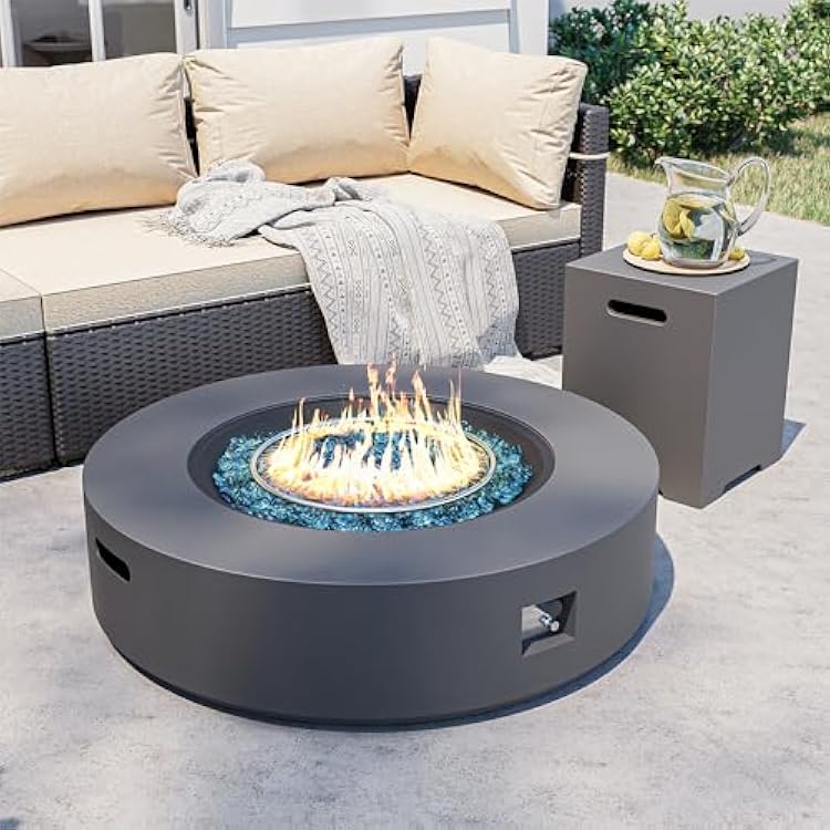 UPHA 42-inch Outdoor Propane Gas Fire Pit Table 50000 BTU Iron Round Fire Pit for Outside Patio with Propane Tank Cover, Removable Lid, Blue Fire Glass, Rain Cover, Grey
