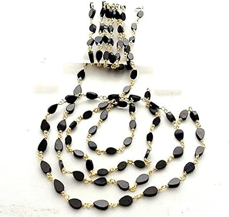 rosary chain black spinel oval & pear shaped beads,925 sterling silver,24 k gold plated,rosary style,wire wrapped chain per foot size - 3-4 mm [e1746]