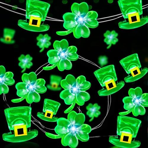 2 Pack & Timer]St Patricks Day Decorations,Total 20Ft 80LED Green Shamrocks Leprechaun Hat String Lights Waterproof Lucky Clover Fairy Lights Battery Power Irish St.Patricks Day Decor (Hat Shamrocks)