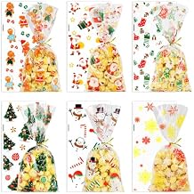 Lanfixilly 150Pcs Christmas Cellophane Treat Bags, 6 Styles Christmas Candy Xmas Goodie Gifts Bags with Twist Ties for Party Favor Supplies
