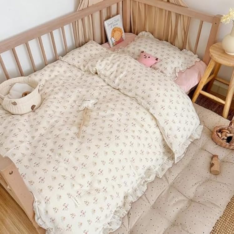 BuLuTu Muslin Cotton Toddler Duvet Cover Soft Double Layers Gauze Bedding Duvet Covers for Toddler Girls Kids Quilt Cover, 47x59, Azalea Print No Pillow Cases