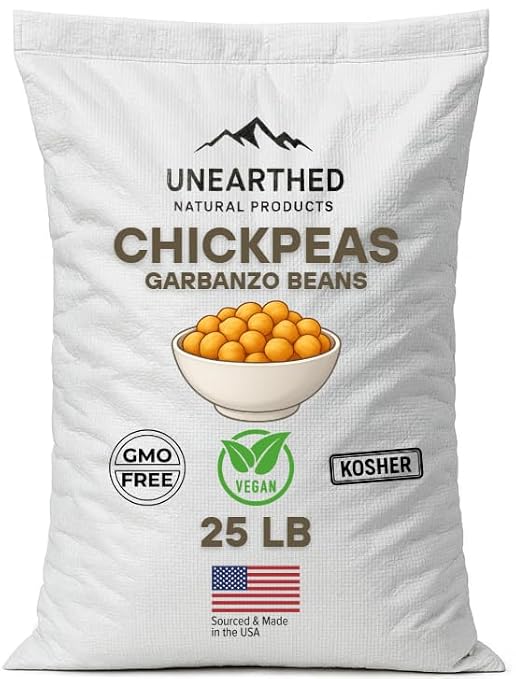 Unearthed Chickpeas Premium Garbanzo Beans, High Fiber, Non-GMO, Kosher Certified, Gluten-Free, Vegan Plant-Based Protein for Meal Prep, Salads, Healthy Snacks & Diet-Friendly Recipes (25 lbs)