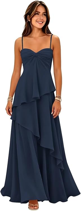 Tiered Chiffon Bridesmaid Dresses Long Ruffle A-line Formal Gowns