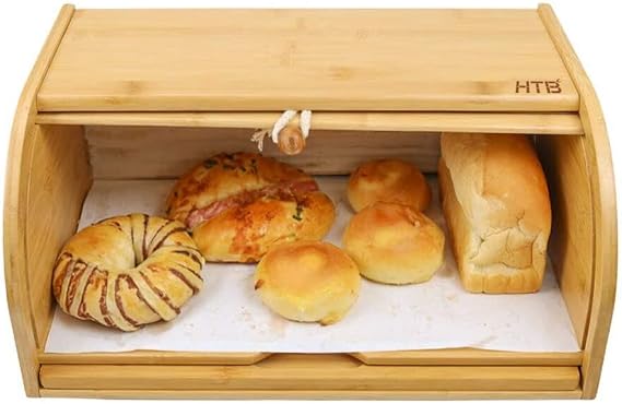 HTB Bamboo Bread Box with Cutting Board,Kitchen Counter Storage Bins,Large Storage Container for Loaves,Pastries,Dinner Rolls,Donut and Croissant