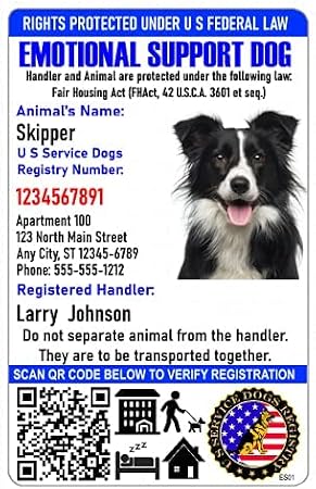 Just 4 Paws Custom Emotional Support ID Card with QR Code & Security Seal and Optional Holograph | Registration to U S Service Dogs Registry Plus ID Holder & Digital ID - Portrait Style