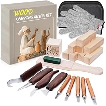 Wood Carving Kit, 4PCS Wood Carving Knives & 5PCS Detail Knives, 9 Basswood Blocks, 1 Pair Gloves, Roll Bag, Strop Block, Polishing Compound Whittling Kit Hobbies for Adults