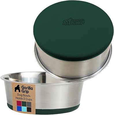 GORILLA GRIP Dog Bowls, Heavy Duty 304 Stainless Steel, Holds 2 Cups Each 16 fl oz Food and Water Bowl for Feeding Dogs and Cats, Dishwasher Safe, Rust Resistant, BPA Free Rubber Base Set of 2 Green