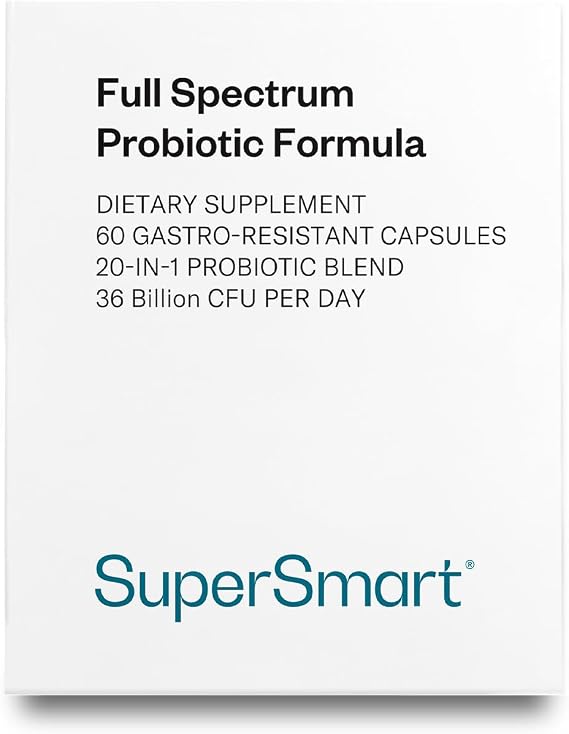 Supersmart Full Spectrum Probiotic Formula 36 Billion CFU per Day (20-in-1 Complex) - with Lactobacillus Reuteri, Gasseri, Rhamnosus, Crispatus | Non-GMO & Gluten Free - 60 Vegetarian Capsules