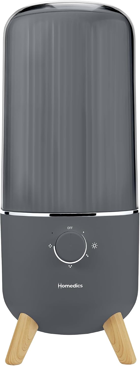 Homedics Ultrasonic Humidifier, Bedrooms and Home Offices, 0.97-Gallon Tank | 45-Hour Runtime, Visible Ultra-Quiet Cool Mist, Aromatherapy, Demineralization Cartridge, Night-Light, Auto-Off, Platinum