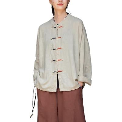HEARTTOUCH Womens Ramie Hanfu T-Shirt Button Down Blouse Shirts Long Sleeve Tai Chi Tops Chinese Cotton Tunic Tops