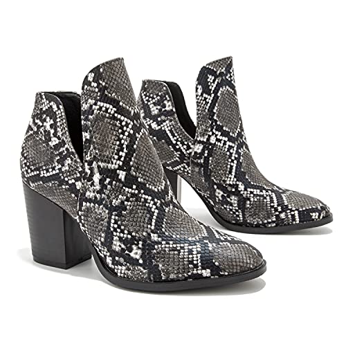 MOOMMO Women Chunky Stacked Heel Side V Cut Western Booties Snake Print Cowboy Ankle Boots Pointed Toe 3 Inch Mid Block Heel Pull On Short Boots Vintage Classic Party Daily 4-11 M US