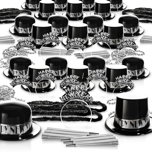 Black and Silver 100 Guest 2026 New Years Eve Party Supplies in Bulk 250 Pieces Top Hats Tiaras Bead Necklace Noise Makers Decorations Happy New Year Decorations Party Favors