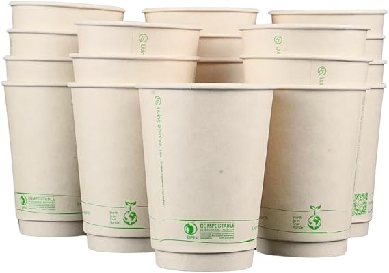 Living Balance Certified Compostable Coffee Cups 12 oz 100 Pack Cups with Integrated Sleeves | Leak Proof, BPA-Free & CPLA Certified Plant-based | To-Go cup for Hot & Cold Drinks