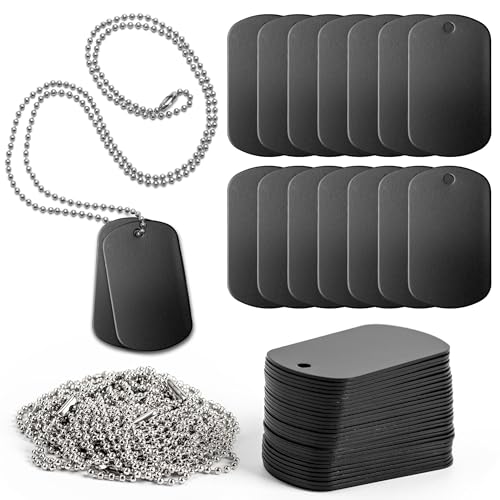 30 PCS 2x1 Stamping Blank Dog Metal Tags Stamping Aluminum Tag Pendants Shield Shape with 30 PCS Chain Necklaces, Hip Hop Style Pet Dog Name Number Tags Personalized Pendant DIY Craft Tags