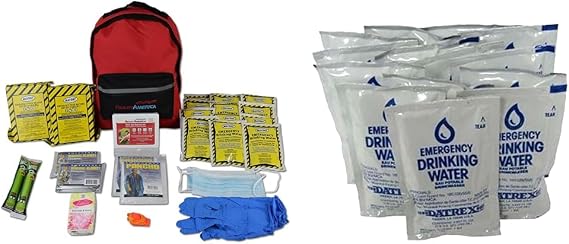 Ready America 70280 72 Hour Emergency Kit, 2-Person, 3-Day Backpack & Datrex Emergency Water Packet 4.227 oz - 3 Day/72 Hour Supply (18 Packs), White