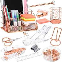 Rose Gold Desk Organizers and Accessories,Office Supplies Set,13PS Set with Acrylic Stapler,Tape Dispenser,Staple Remover,Pen Holder,Clips,Scissor, Phone Holder,Pen