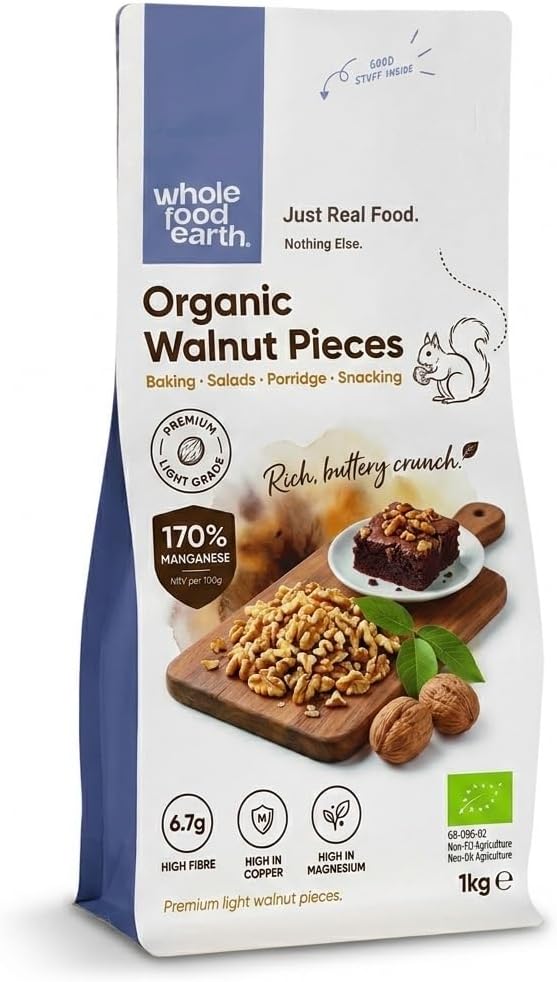 Wholefood Earth Organic Large Walnuts Pieces 1kg Raw | Vegan | GMO Free | High Fibre | High Protein | Certified Organic