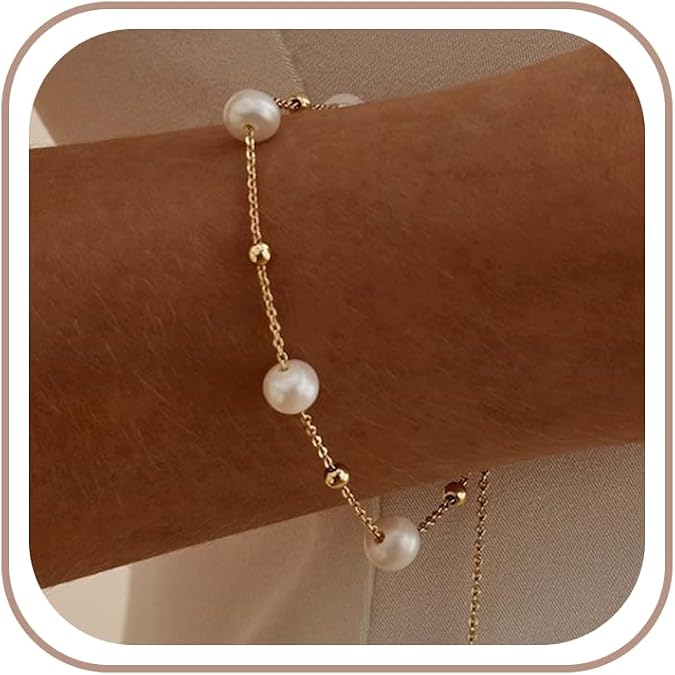 Pearl Gold Bracelets for Women Non Tarnish -14k Real Gold Plated Charm Beaded Bracelets White Brides Bridesmaid Wedding Dainty Pearl Bracelet Gold Jewelry for Women Accesory Birthday Gifts