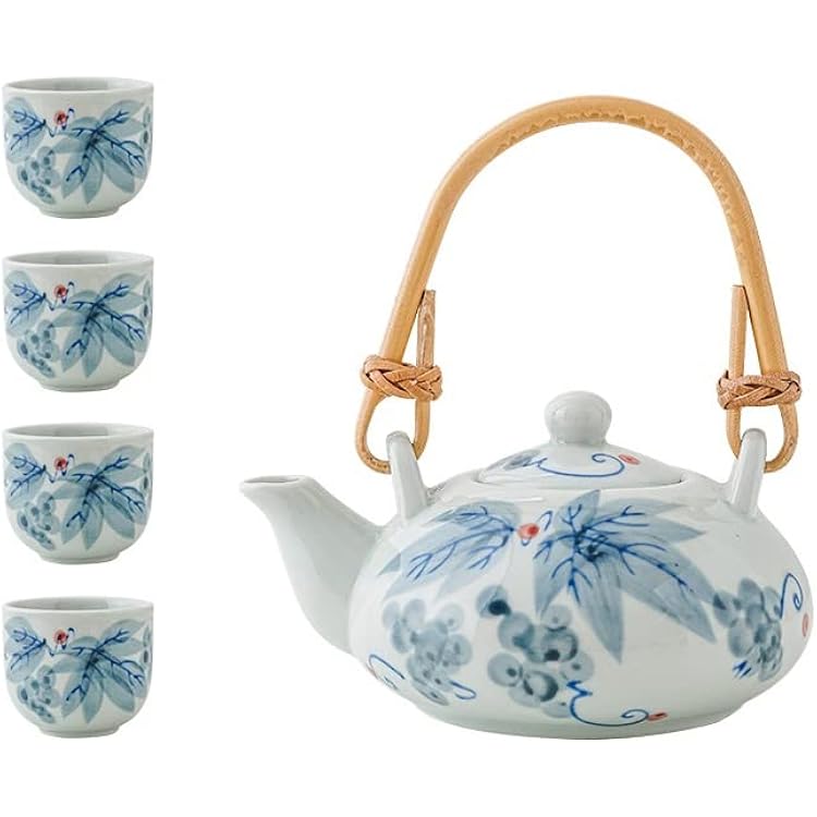 RORA Japanese Ceramic Tea Set Hand-painted Underglaze Teapot with Rattan Handle, 1 Pot 4 Cups, Suitable for Travel, Office and Home Grape Pattern