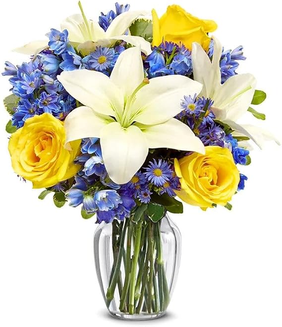 From You Flowers Rosy Sunshine White Lily & Yellow Rose Bouquet in Glass Vase - Fresh Flowers Delivered for Birthday, Get Well & Congratulations