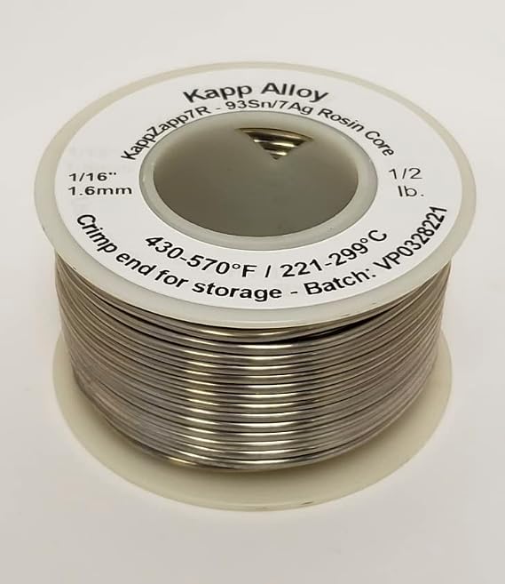 KappZapp7R 7% Silver Rosin cored 1/16" (1.6mm) solder for Copper, Brass, Stainless Steel 12 pound spool