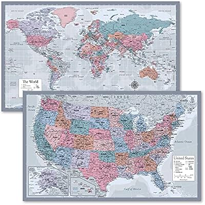 2 Pack - World Map Poster & USA Map Chart [Purple] LAMINATED, 18 x 29