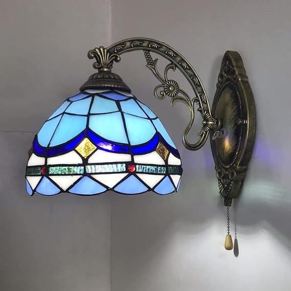 Vintage Tiffany Style Wall Sconce with Pull Chain Switch - Mirror Front Wall Lamp for Corridor, Hallway, Living Room, Bedroom