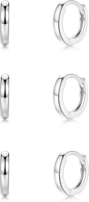 Small Cartilage Hoop Earrings for Women Men, 3 Pairs Hypoallergenic Sterling Silver Post Huggie Earrings, 8/10/12mm, Silver/Gold/Black