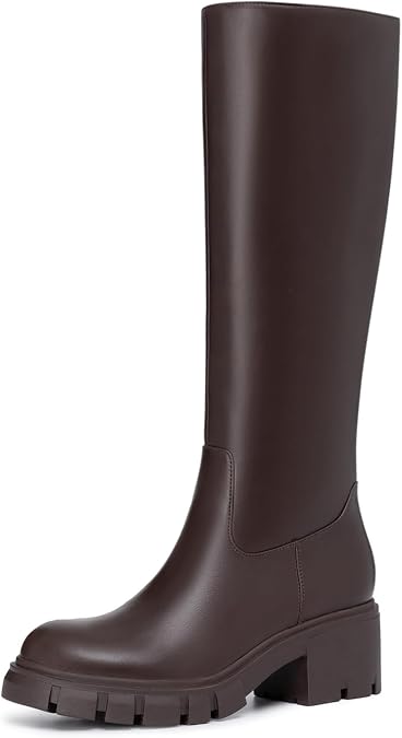 Athlefit Platform Knee High Boots Tall Fall Boots Round Toe Chunky Lug Sole